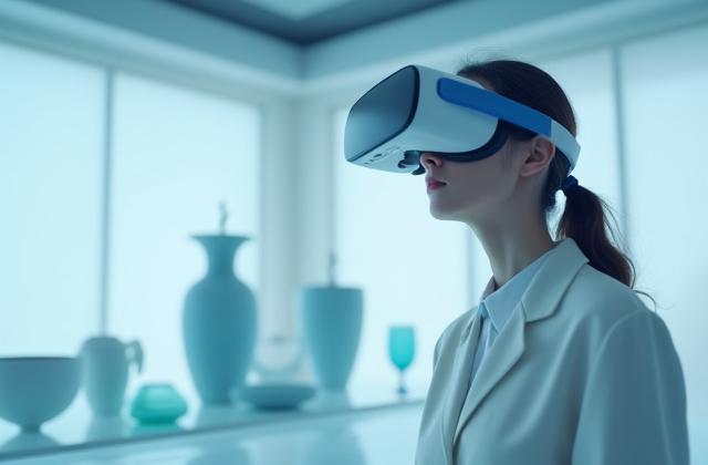 VRヘッドセットを装着してバーチャルショールームを体験する様子